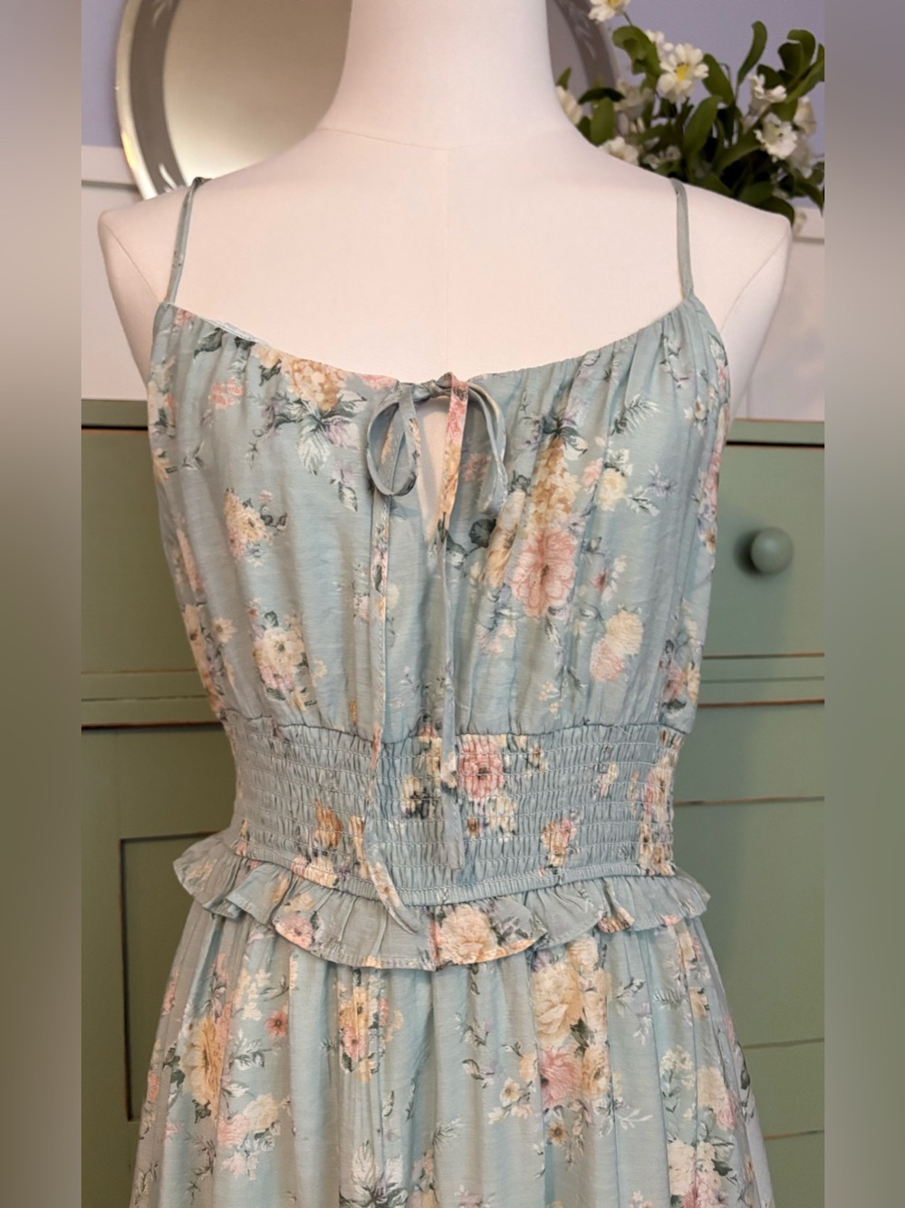 By the River Floral Smocked Tiered Midi Sundress w Vintage Cream & Pink Floral - Picture 5 of 16